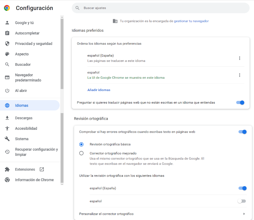 Configuración idioma navegador Chrome