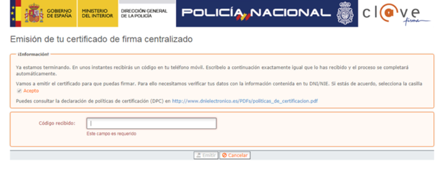 Emisión de certificado de firma centralizado