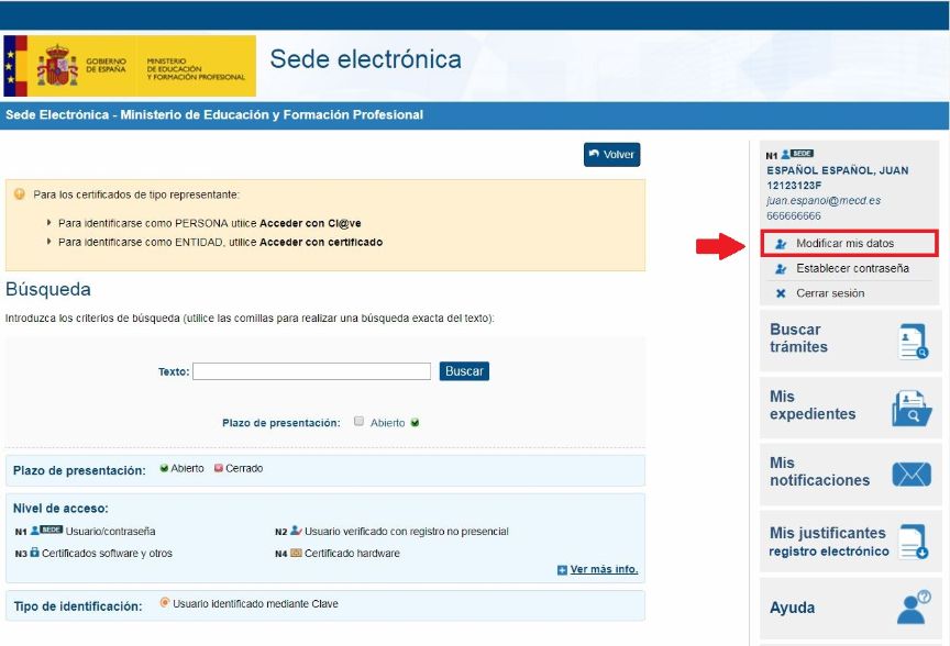 Captura de pantalla indicando la opción Modificar datos